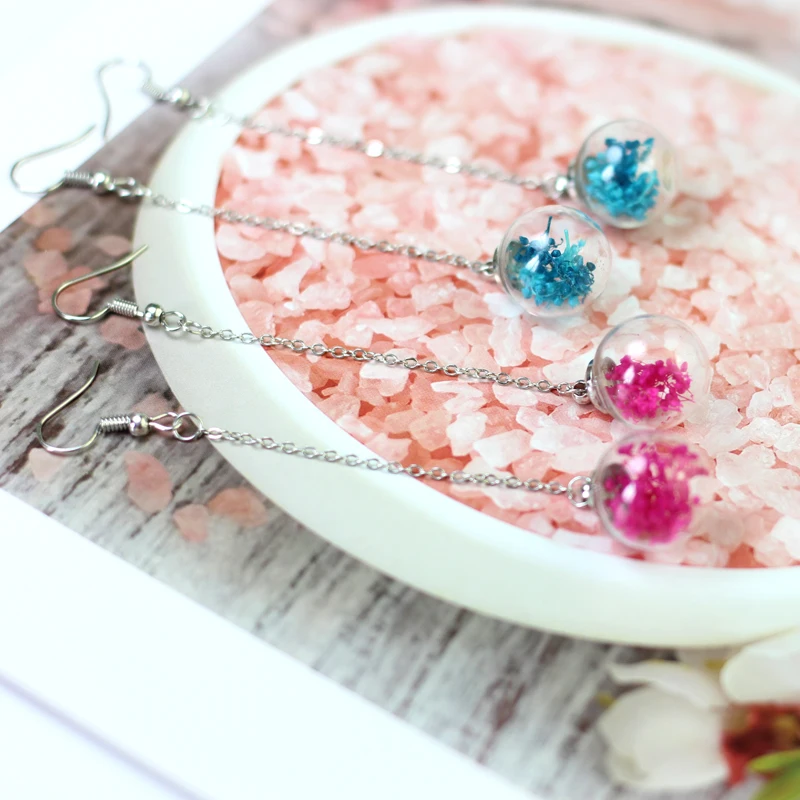 Серьги с высушенным цветком стеклянные шарики фантазия DIY Ушные линии #