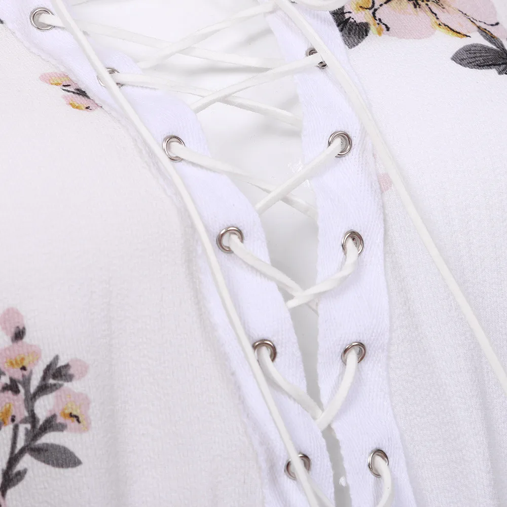  Women Lace Up Printing Loose Short Sleeve Round Neck Casual Beach Rompers Jumpsuit Playsuit F#J07 (12)