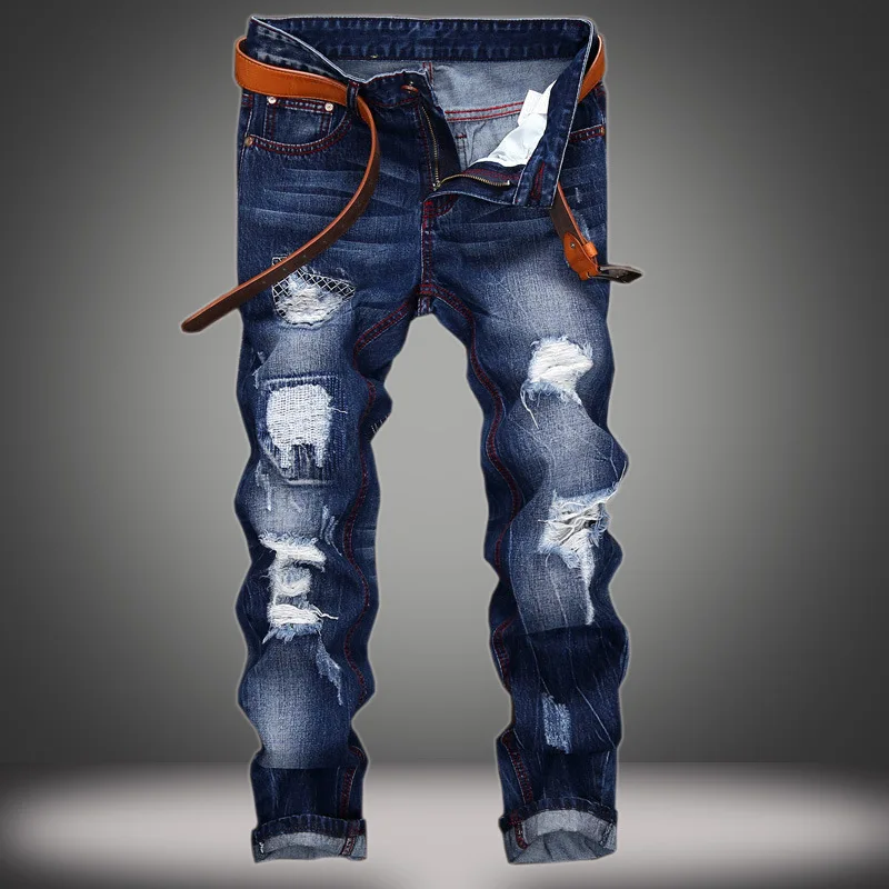 Mens Destroyed Denim Jean High Street Hip Hop Baggy Hole Jeans Original Personality Slim Fit