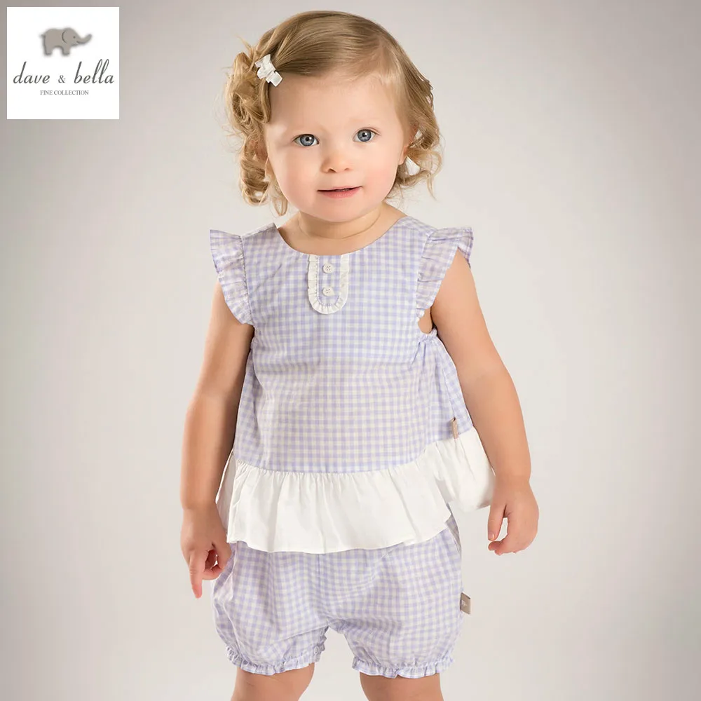 DB4849 dave bella summer baby girls plaid clothing sets kids lovely