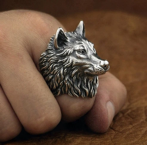 

XRYC handmade 925 Sterling Silver Wolf king Head men Ring free with gift a lighter