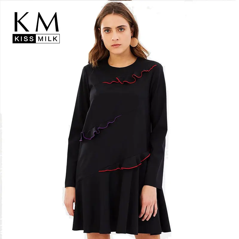 

Kissmilk Plus Size Autumn 2018 For Women Simple Sweet Irregular Colored Ruffled Dress A-line Solid Black Knee-length