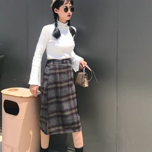 Юбка миди весна осень утолщенная винтажная шерстяная офисная клетчатая Клубная шерстяная