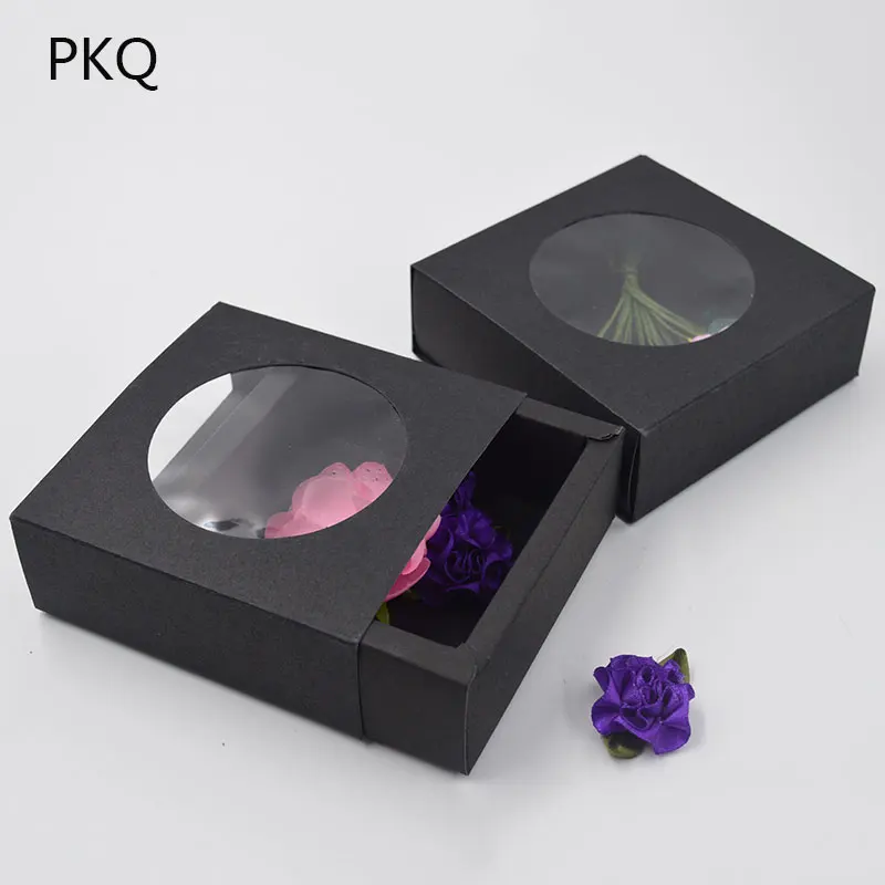 

30pcs/lot Square Paper Drawer Box With Round Window Brown Kraft Paper Gift Packaging Box Baby Shower Soap Box Christmas Supplies
