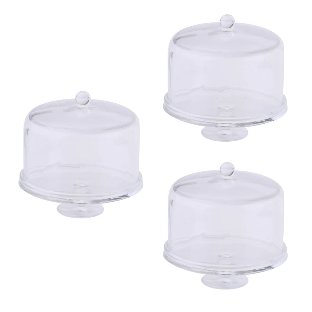 3pcs Dollhouse Miniature Cake Stand Acrylic Serving Platter with Lid for 1/12 Scale Doll House Decorations