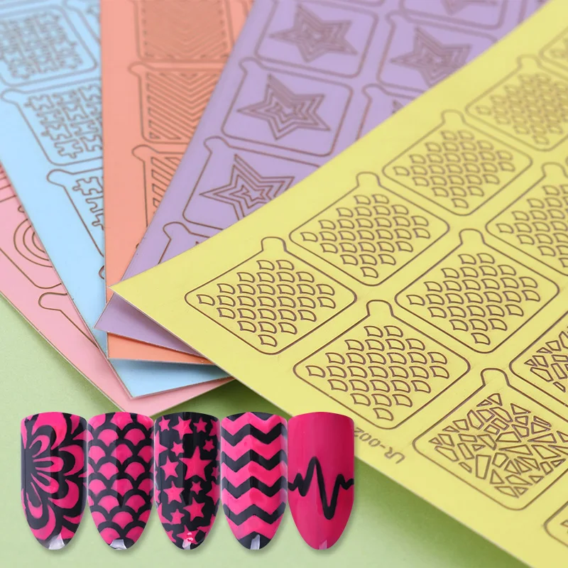 

20Tips Adhesive Nail Vinyls Fan Stripe Cardiograph Star Heart Nail Art Hollow Stencil Stickers