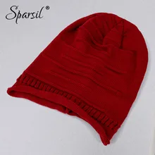 Sparsil женские эластичные плиссированные вязаные шапки осенние одноцветные ворсовые полосы теплые мягкие ушные шапки женские повседневные вязанные крючком шапки-бини Skullies