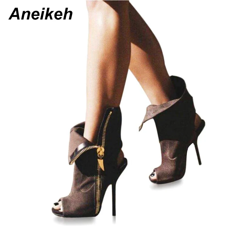 

Aneikeh Fashion Boots Peep Toe Chelsea Woman Ankle Boots High Heel Sandals Side Zipper Stiletto Pumps Shoes Size 35-40