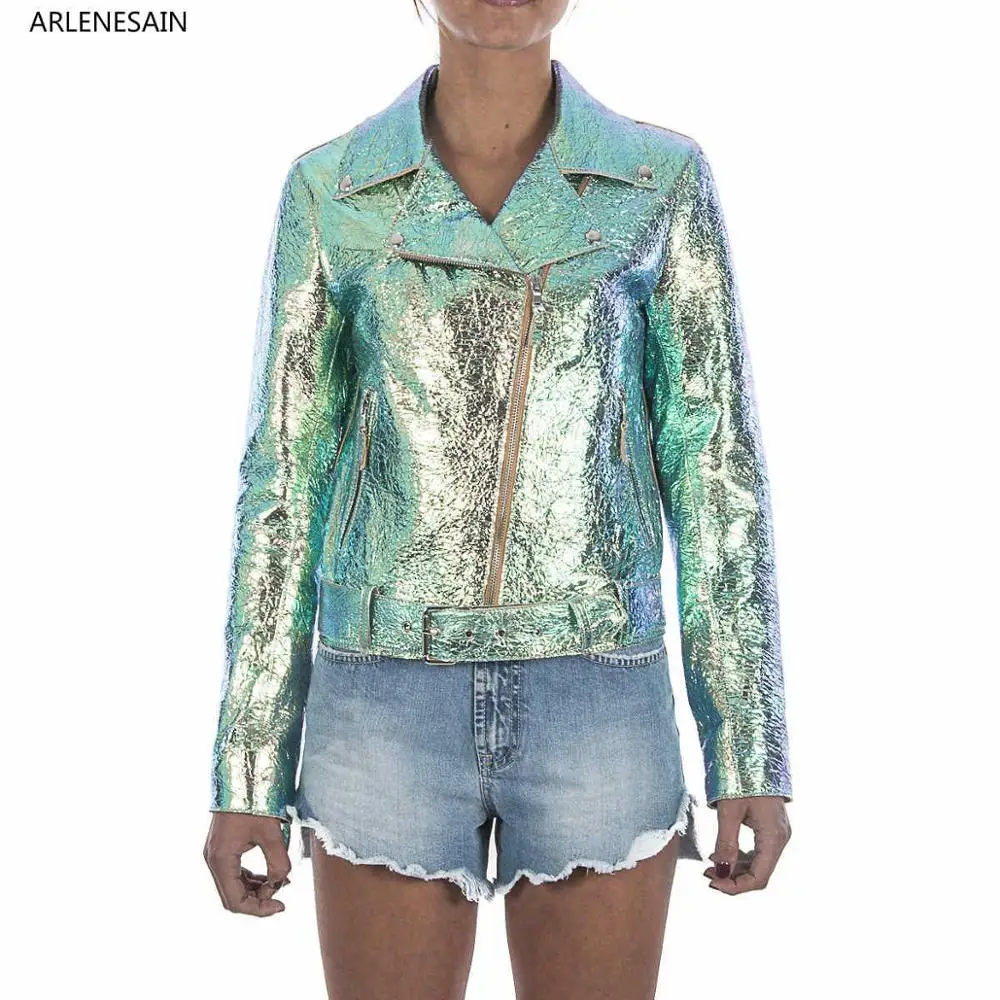 

Arlenesain custom 2019 new HANDMADE WOMEN GENUINE LAMB LEATHER BIKER JACKET HOLOGRAPHIC GREEN