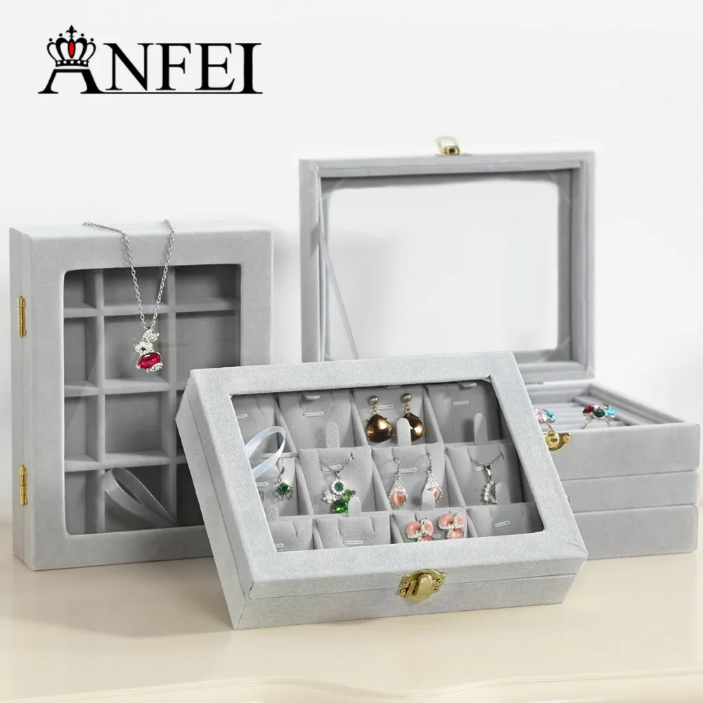 

ANFEI 16 Style Elegant Plush Fabric Small Jewelry Display Box for Ring/Necklace/Pendant/Bracelet Collection Showcase Functional