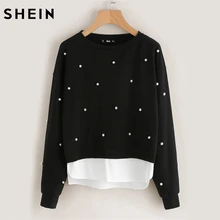 SHEIN Sweatshirt Woman Pearl Beading 2 In 1 Sweatshirt Autumn Women Sweatshirt Black Long Sleeve Elegant Pullovers