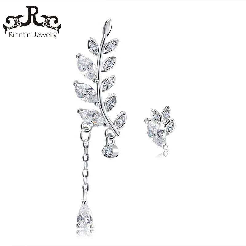 Rinntin 100% Sterling Silver Leaf Silver Color Stud Earring AAA Cubic Zircon Asymmetry Butterfly Female Jewelry for Women TSE06 Fine Jewelry