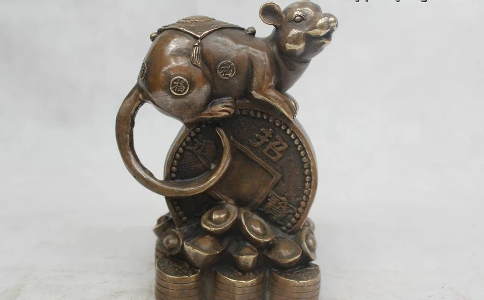 

7"Chinese Folk Pure Bronze excellent Lucky Money drawing mouse Statue
