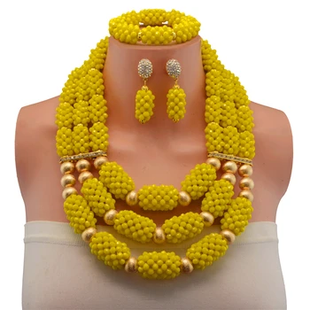 

2017 New Arrival Splendid Yellow African Beads Statement Necklace Set Dubai Copper Bridal Indian Crystal Jewelry Sets