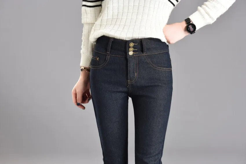 WKOUD, зимние теплые джинсы с высокой талией, 3 пуговицы, обтягивающие черные узкие брюки, флисовые утепленные синие джинсовые брюки, женские джинсы P8624