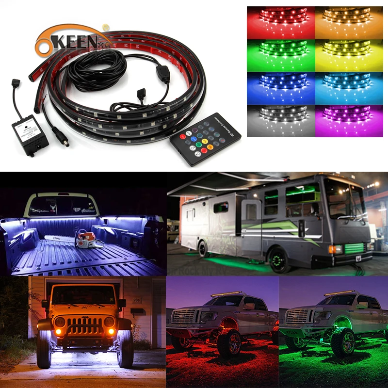 OKEEN автомобильный Стайлинг 2X150 см 12 В миллионов цветов светодиодный светильник для грузовика, музыкальная полоса, беспроводной пульт дистанционного управления багажником, нижняя часть кузова, боковой набор маркеров