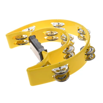 

High Quality Double Half Moon Tambourine Instrument 32 Jingles Grip Handle Play - Yellow