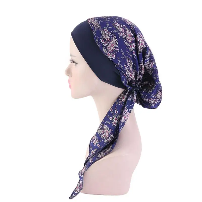Мусульманский Для женщин печатных хиджабы Шапки тюрбан платок химиотерапия Рак Кепки выпадения волос шляпа с длинным шлейфом для девочек лук капот с широким диапазоном Обёрточная бумага Кепки