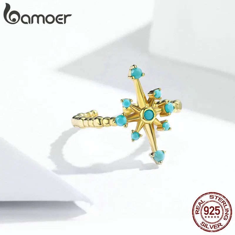Bamoer, Boho, синяя звезда, регулируемые кольца на палец для женщин, дизайн, золото, цвет, Стерлинговое Серебро, 925, модное ювелирное изделие SCR548