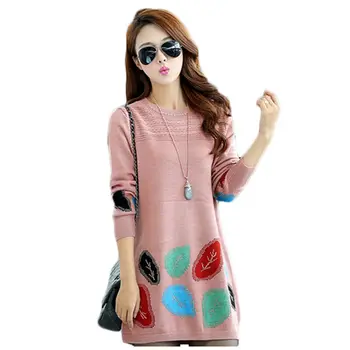 

Plus Size Knitted Pullovers Women Sweater Dress Mini 2019 Autumn and Winter O-neck Long Sleeves Embroidery Knit Vestidos f159