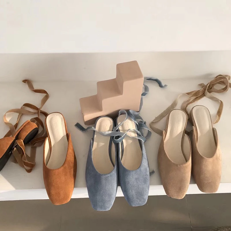 

MONMOIRA Lace up Ballets Flats Shoes for Women Elegant Flock Women Mules Square Toe Ladies Shoes Women Flats SWA0186