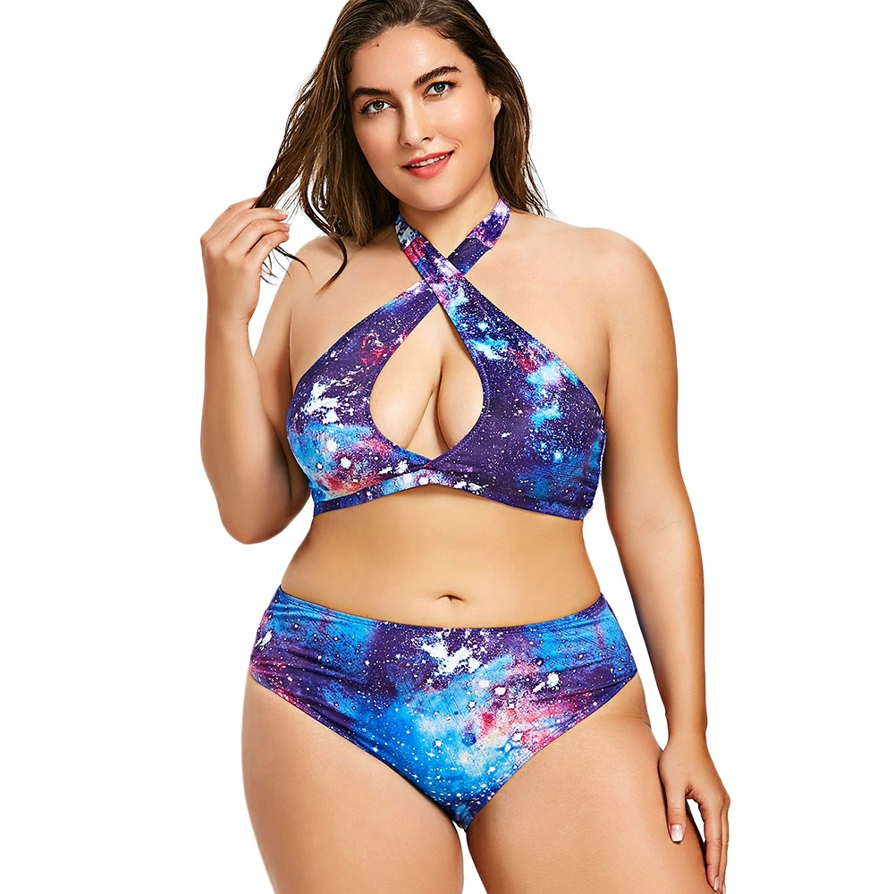 

5XL Plus Size Galaxy Halter Bikini Summer Beach Women Wire Free Criss-Cross Swimwear Female Print Spaghetti Strap Swimsuits