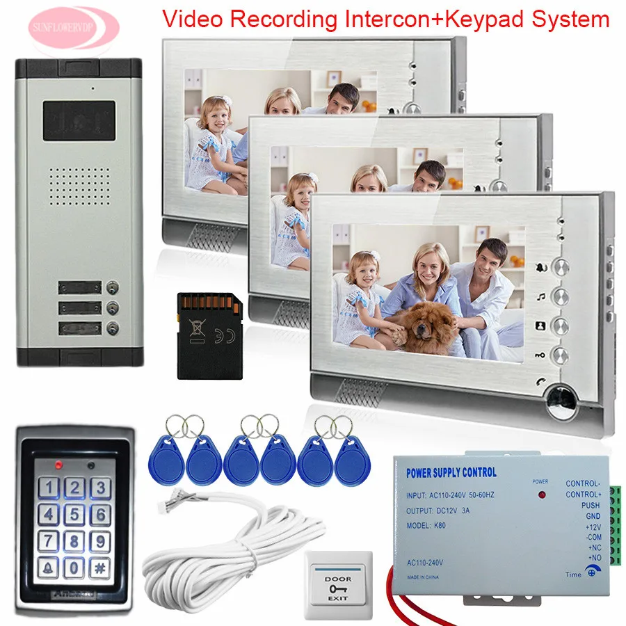 Video Intercom With Recording Outdoor Camera 3 Buttons + 3 Monitors Home Video Door Phone 7 inches Keypad Access Control System Video Intercom With Recording Outdoor Camera 3 Buttons + 3 Monitors Home Video Door Phone 7 inches Keypad Access Control System