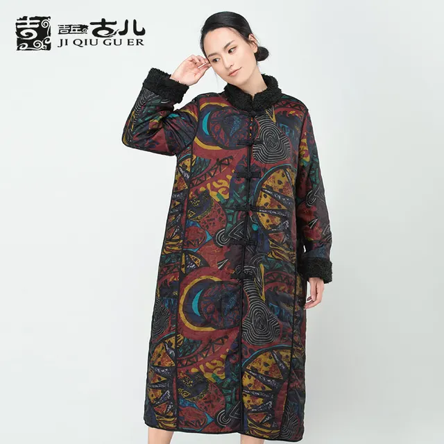 Best price at $129 Cheap Jiqiuguer Design Vintage Spliced Printed Floral Women Coat Single Breasted Long Sleeve Stand Collar Lady Winter Jacket G164Y010