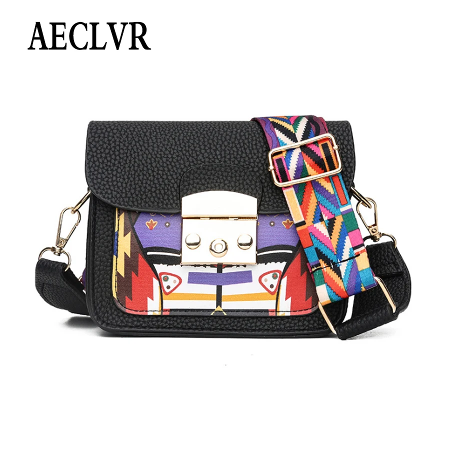 AECLVR الإبداعية الطباعة بو الجلود النساء Crossbody أكياس جميلة الملونة واسعة قطاع حقيبة كتف كل مباراة السيدات رفرف