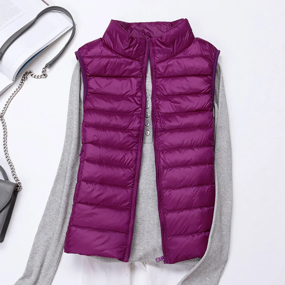 Зимняя женская куртка, пальто без рукавов, зимний ультра-светильник, жилет на белом утином пуху, Женский Теплый жилет, женский ветрозащитный тонкий жилет - Цвет: Purple