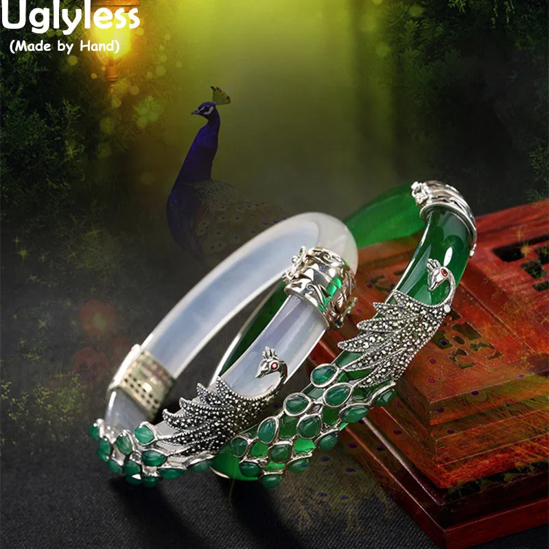 

Uglyless Real Solid 925 Sterling Silver Bangles for Women Thai Silver Peacock Chalcedony Bangles Jade Vintage Bracelets Jewelry