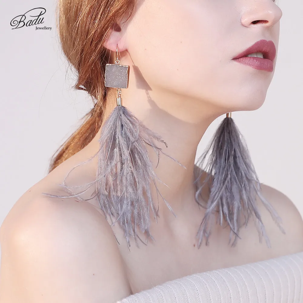 

Badu Dangle Earring for Women Long Ostrich Feather Earrings Geometric Triangle Drop Bohemian Fashion 2018 Holiday Jewelry