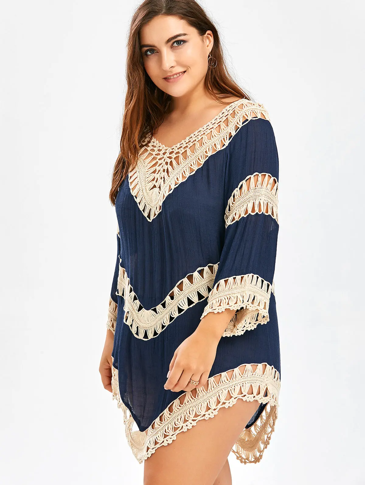 Kenancy Plus Size Sexy Crochet Boho Beach Mini Short Dress Women 