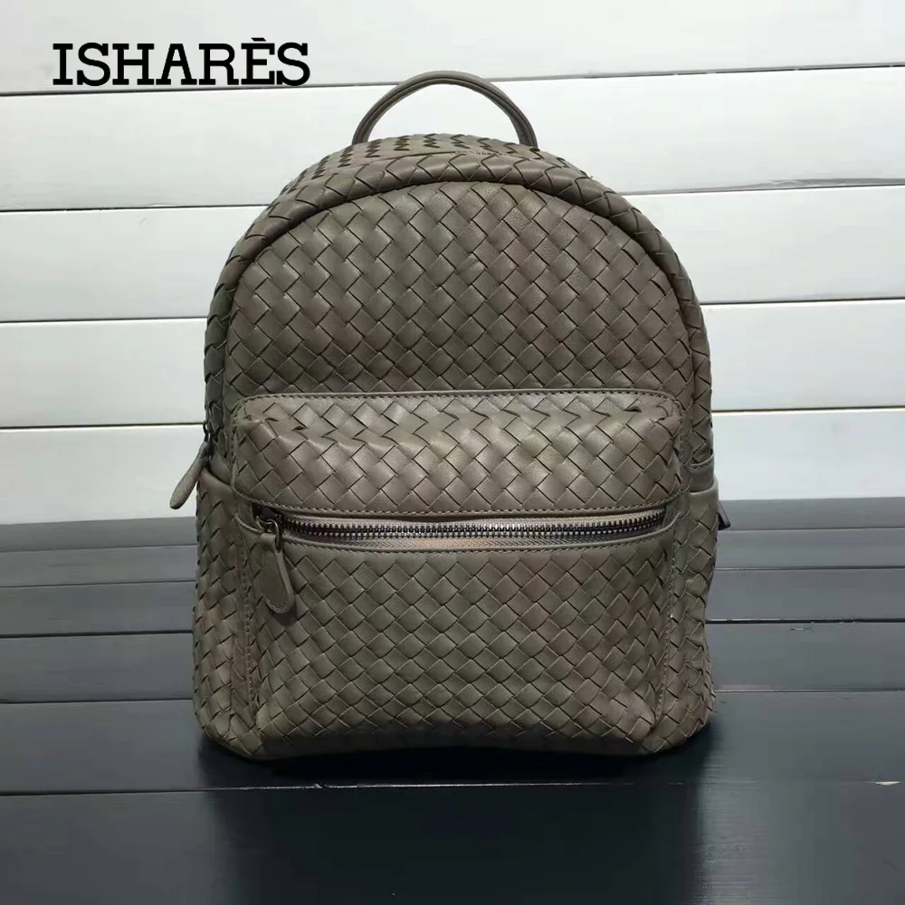 ISHARES New Genuine Sheepskin woven Backpack Women  Fashion lambskin Large Capacity Totes Bag high quality weave Bags  IS168006