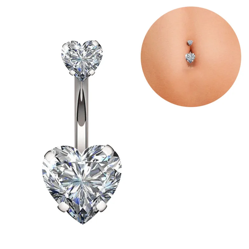 

Double Heart Zircon Inner Thread Navel Ring Banana Belly Button Ring 316L Steel Belly Bar Body Piercing Jewelry For Women