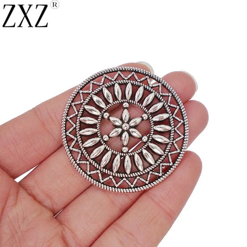 

ZXZ 5pcs Antique Silver Large Open Flower Design Round Charms Pendants for Jewelry Making Findings 47mm