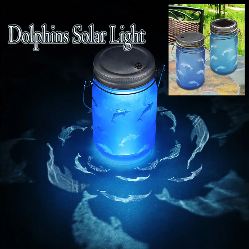 Hand Etched Garland Light Dolphins Solar Mason Jar Light Bottle Projection Nightlight Patio Outdoor Luces Led Decoracion 40JUL0113