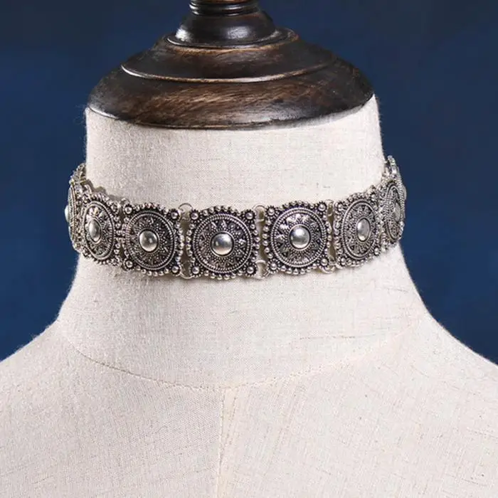 Винтажное старинное серебряное ожерелье в стиле бохо с татуировкой, ретро ожерелье-ошейник с бусинами, женское ожерелье на шею, ювелирное изделие M8694