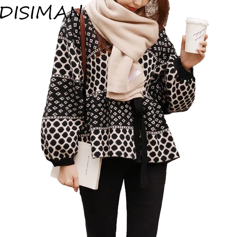 

DISIMAN new winter clothes cardigan women loose knitted sweater fall streetwear open breast plaid cardigan v neck unif sweater
