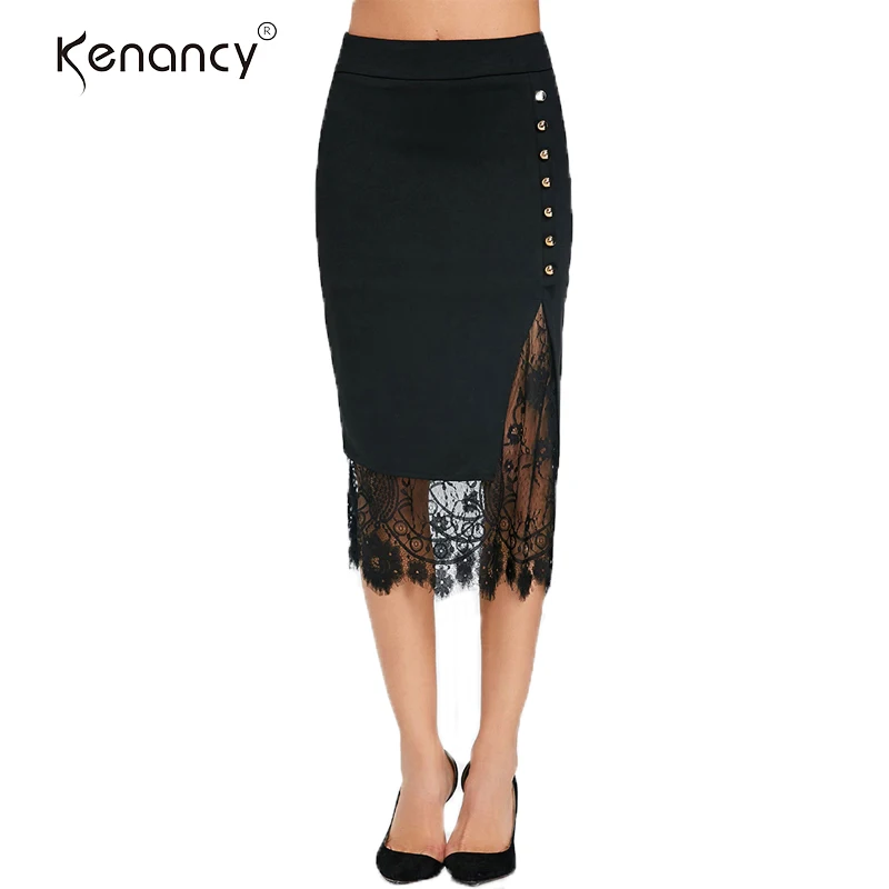 Buy Kenancy Button Decoration Lace Trim Pencil Skirt