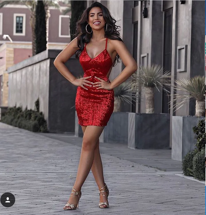 

2018 New Women RED Sequined Elegant Bandage dress V-Neck Spaghetti Strap Vestidos celebrity evening Party dresses wholesale