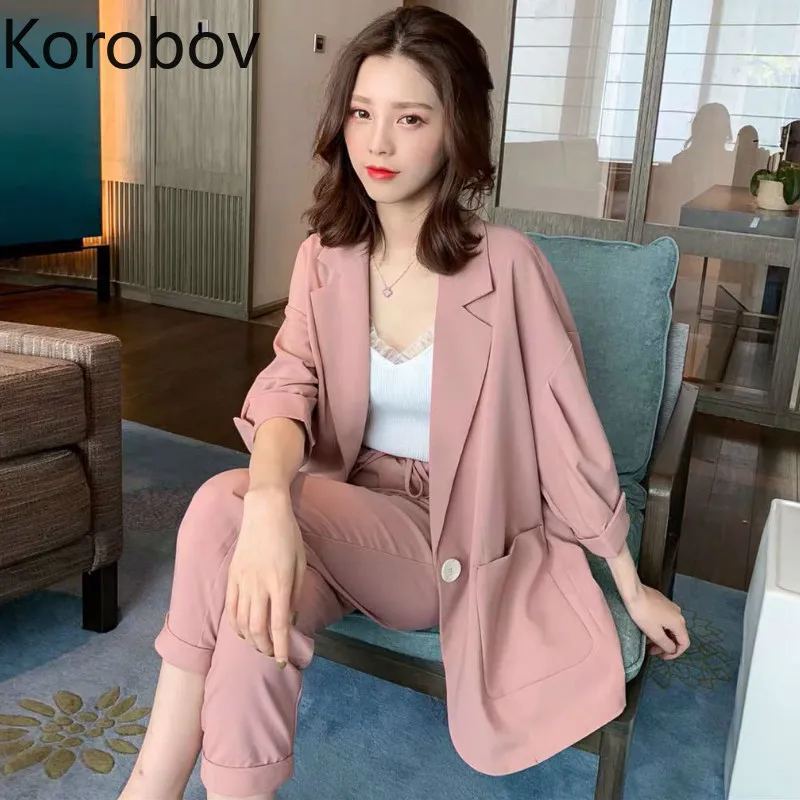 

Korobov Women Plus Size Pant Suits Half-sleeve One Button Jacket Blazer + Elastic Waist Pencil Pants Female 2 Pieces Set 78336