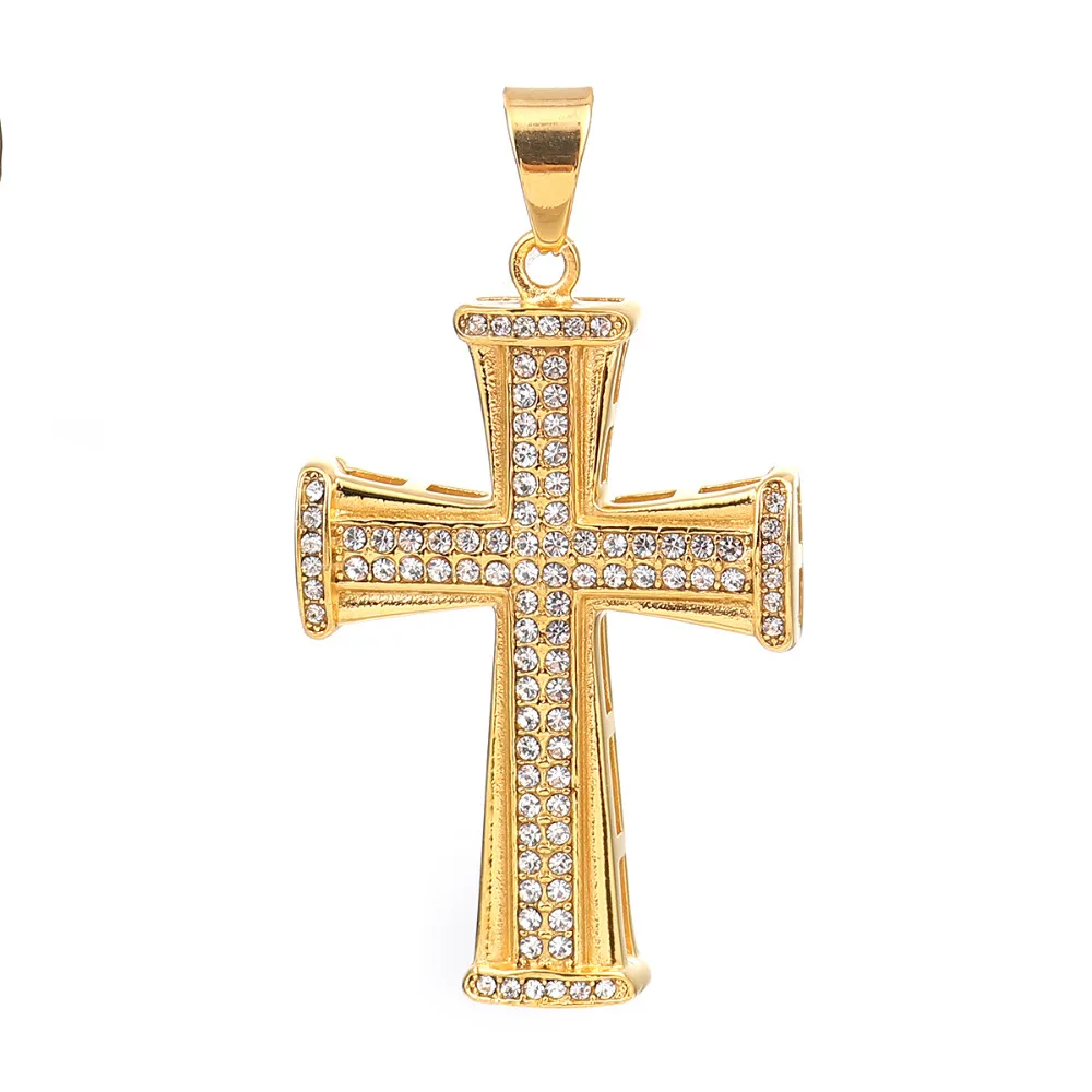 DoreenBeads Stainless Steel Pendants Cross Shape Gold Color With Clear