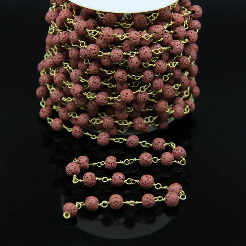 5Meters 6mm Natural Lava Bronze Copper Chain Red Volcano Rock Round bead Brass Wire Wrapped Rosary Style Charms | Украшения и