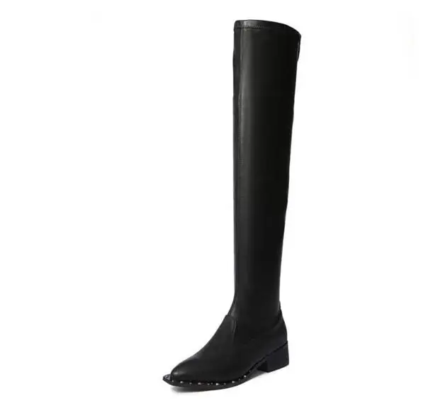 

hot selling stretch fabric thigh high boots pointed toe rivets studded riding boots thick heels over the knee boots for woman