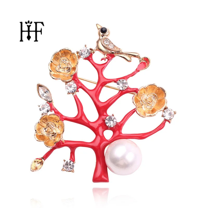 

Crystal Flower Bird Brooches For Women Large Tree Imitation Pearls Decorative Brooch Pins Ladies Luxury Suit Jewelry Red Enamel