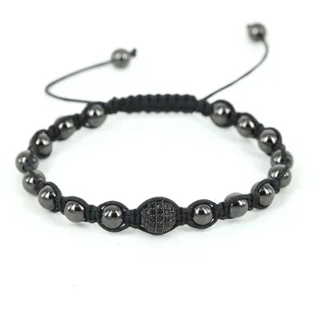 

Brand Men Bracelet,High Quality 6mm Black Round Beads with 8MM Micro Pave Black CZ Beads Braiding Macrame Bracelet for Men,Gift