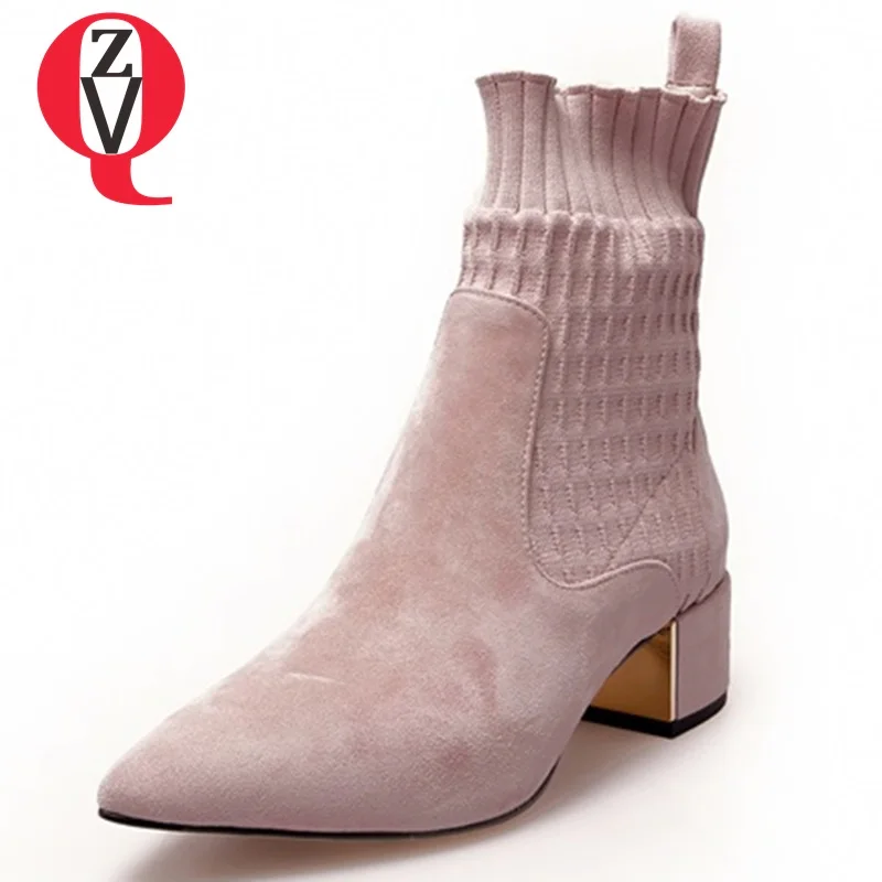 

ZVQ 2018 winter new fashion pointed toe cow suede and stretch fabric women shoes med square heel slip-on sweet ankle boots