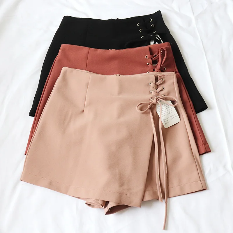 

2019 new high waist shorts black white elegant office lady work short pants plus size irregular bandage zipper skirts shorts