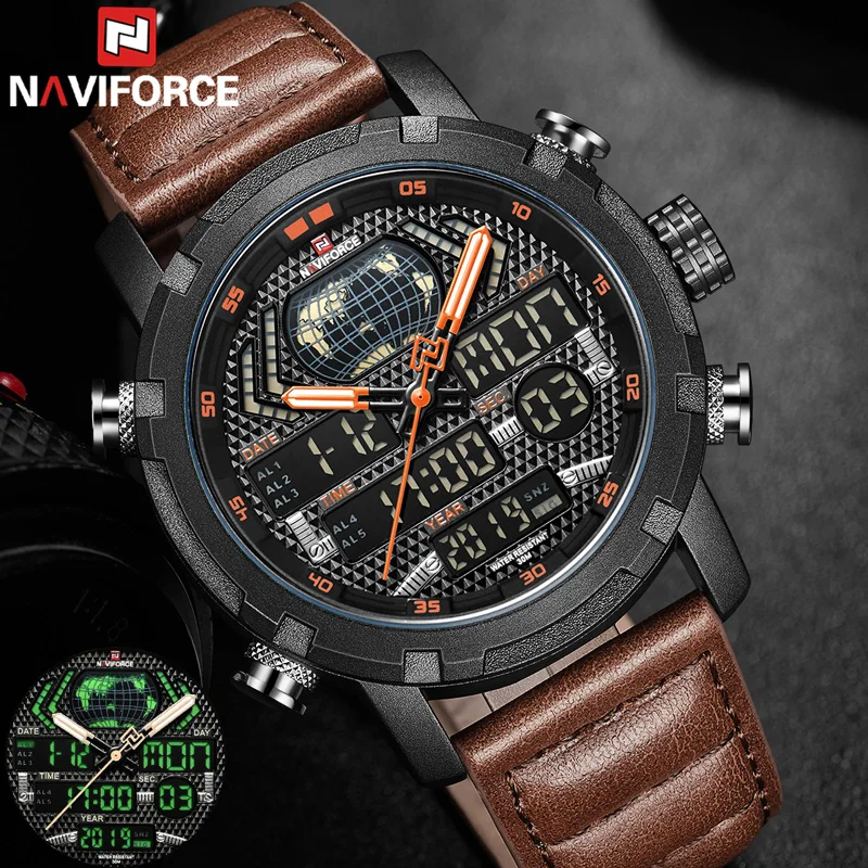 Часы наручные NAVIFORCE мужские с ремешком из натуральной кожи брендовые роскошные